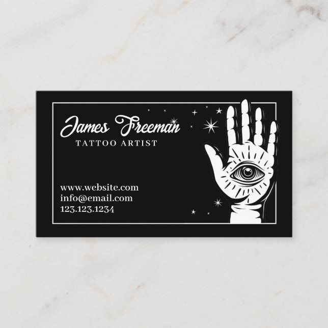 Dark Black and White Hand Eye Tattoo Artist Business Card (Front)