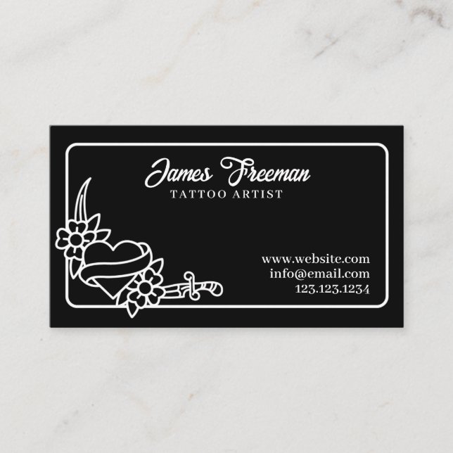 Dark Black and White Heart Knife Tattoo Artist Business Card (Front)