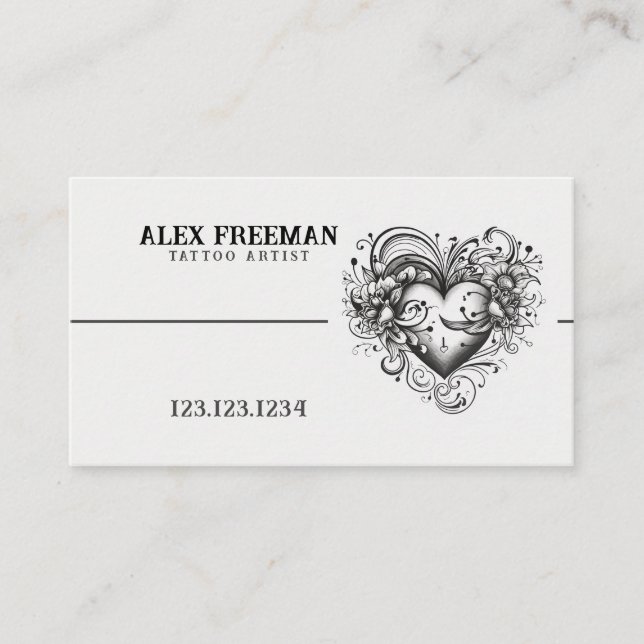 Dark Black and White Heart Tattoo Artist Business Card (Front)