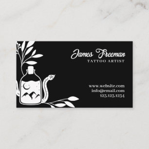 Dark Black and White Leaves Snake Tattoo Artist Business Card