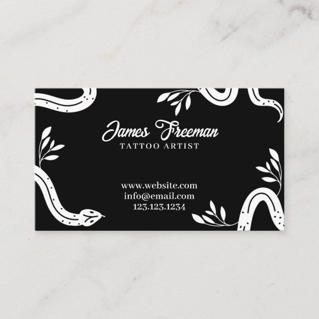 Dark Black and White Leaves & Snakes Tattoo Artist Business Card (Front)