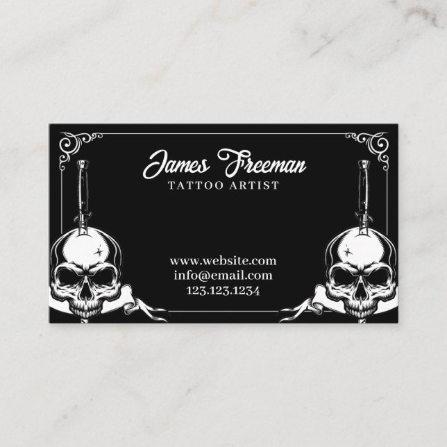 Dark Black and White Skulls Knives Tattoo Artist Business Card (Front)