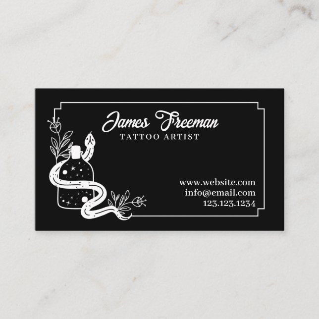 Dark Black and White Snake Flower Tattoo Artist Business Card (Front)