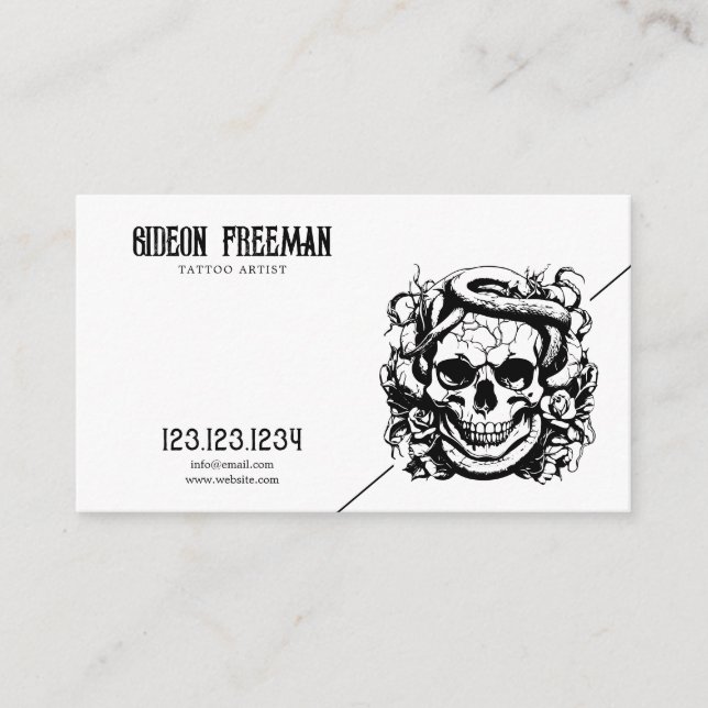 Dark Black and White Snake Skull Tattoo Artist Business Card (Front)