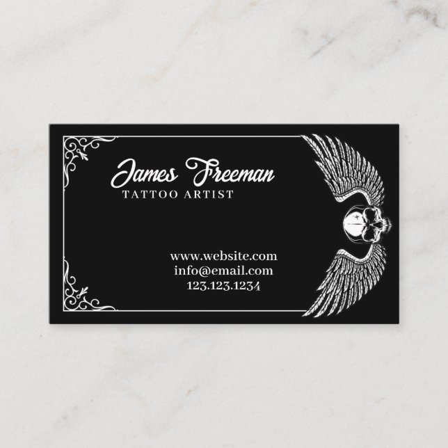 Dark Black and White Wings Skull Tattoo Artist Business Card (Front)