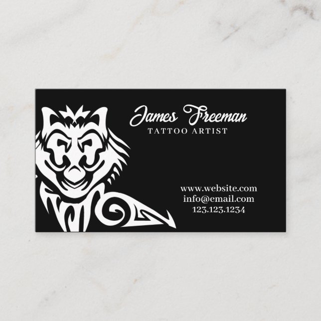 Dark Black and White Wolf Tribal Tattoo Artist Business Card (Front)