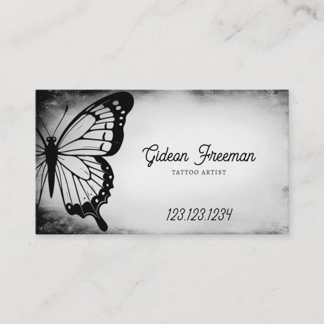 Dark Black & Grey Butterfly Tattoo Artist Business Card (Front)