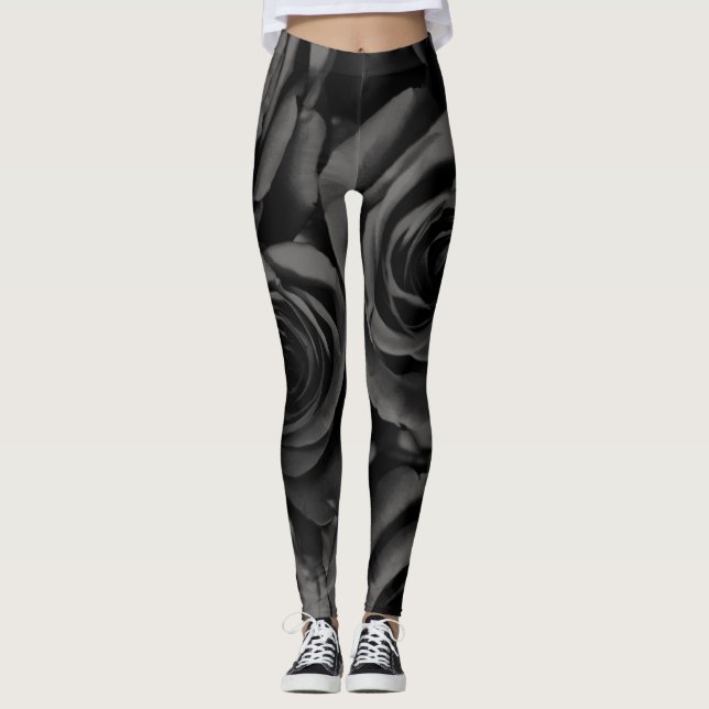 Dark Black & Grey Roses Chic Fashion Leggings (Front)