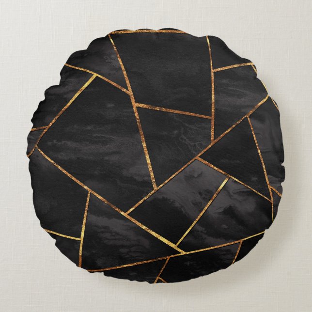 Dark Black Ink Gold Copper Geometric Glam #1 #geo  Round Cushion (Front)