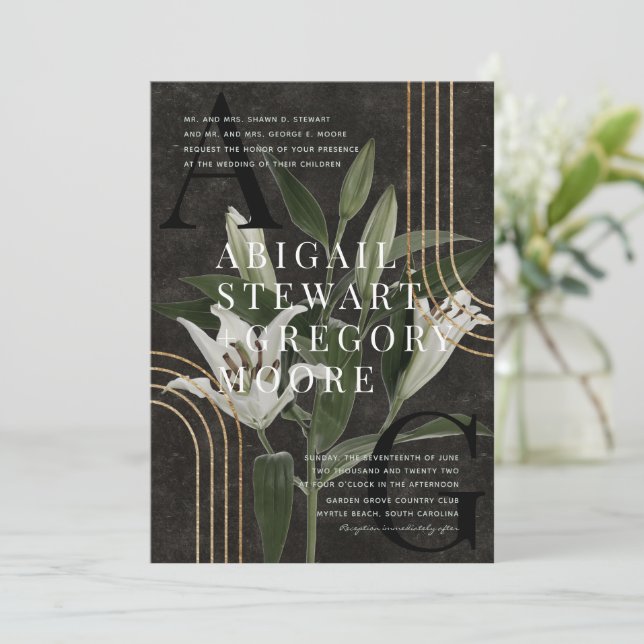 Dark Black Moody Green Botanical Wedding Invitation (Standing Front)