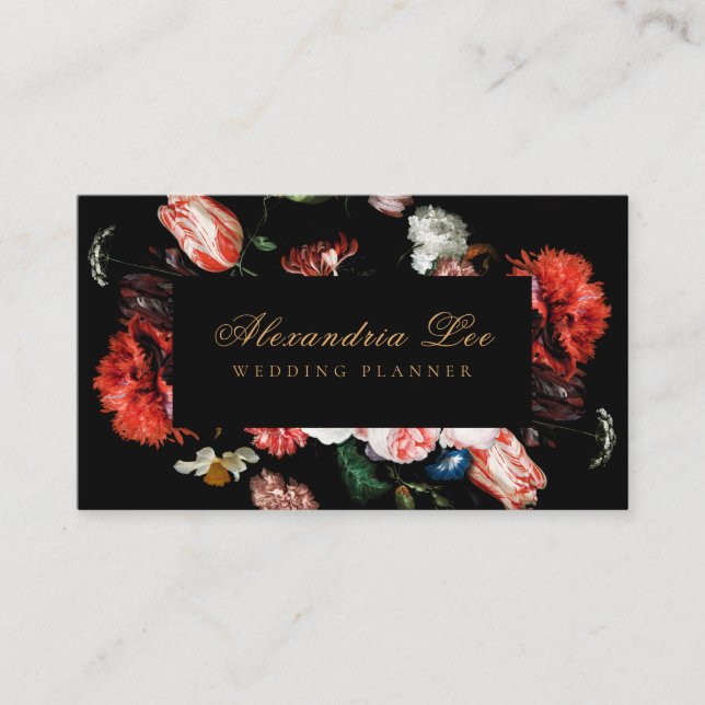 Dark Black Moody Red Floral Business Card (Front)