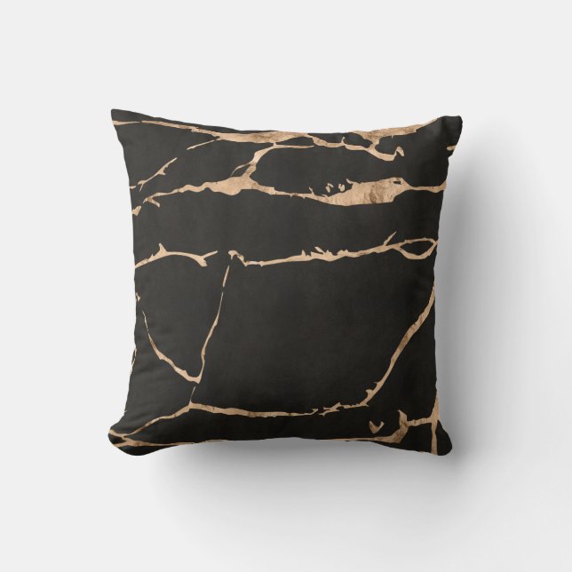 Dark Black Onyx Modern Marble Gold Foil Gemstone Cushion (Front)