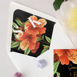 Dark Black Orange Floral Monogram Wedding Envelope