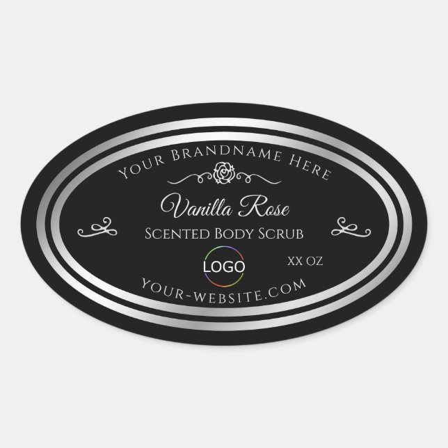 Dark Black Product Label Silver Frame with Logo (Front)