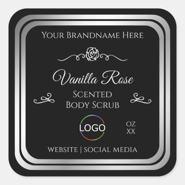 Dark Black Product Label Silver Frame with Logo (Front)