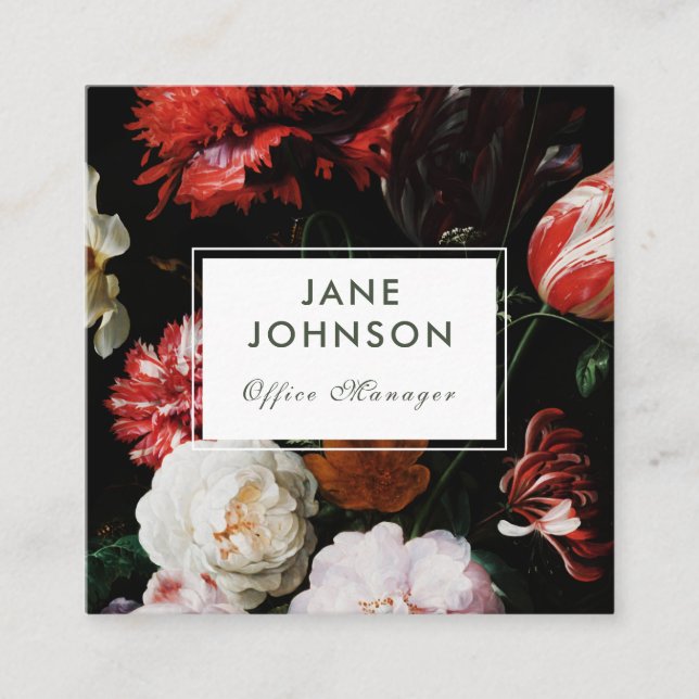 Dark Black Red Floral Wedding Business Card (Front)