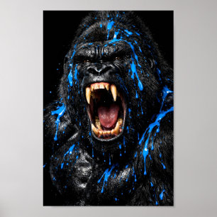Dark Black Roaring Gorilla Blue Paint Splatter Poster