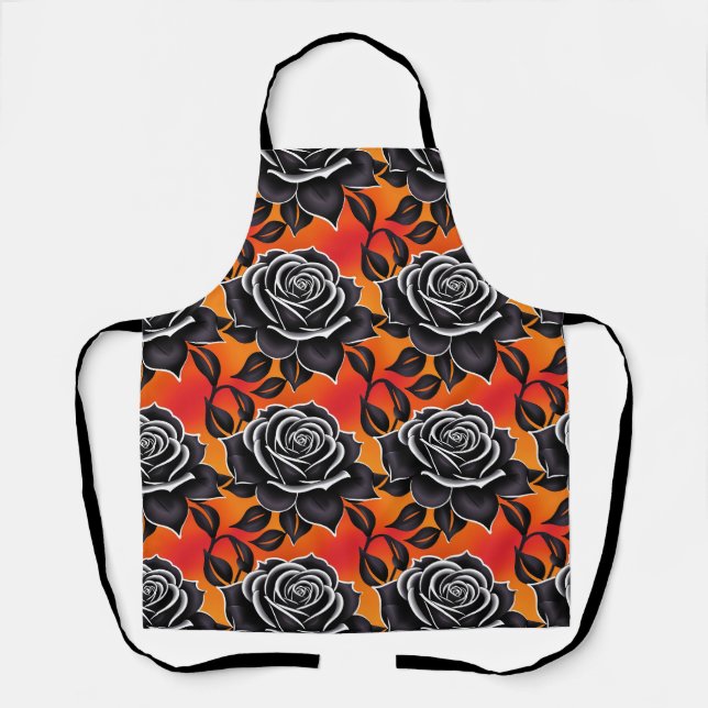 Dark Black Roses With White Outlines  Apron (Front)