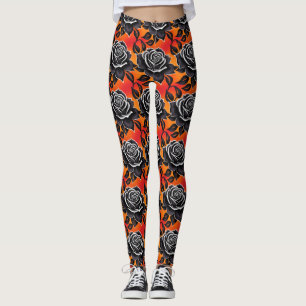 Dark Black Roses With White Outlines  Leggings