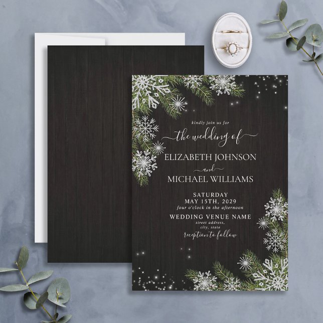 Dark Black Rustic Silver Winter Greenery Wedding Invitation (Creator Uploaded)