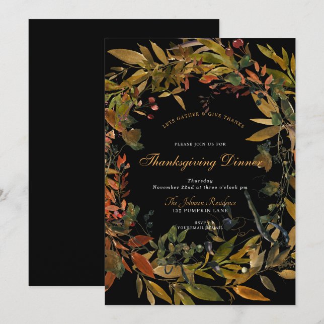 Dark Black Rustic Wreath Thanksgiving Dinner Invit Invitation (Front/Back)