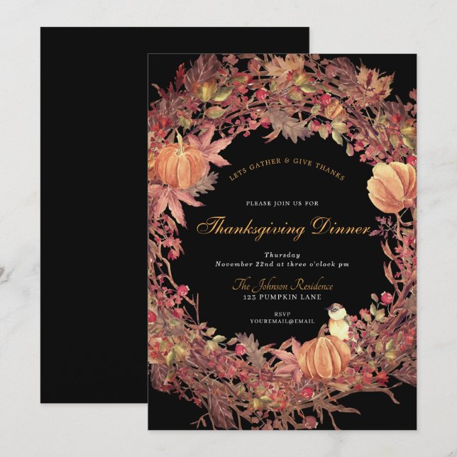 Dark Black Rustic Wreath Thanksgiving Dinner Invitation (Front/Back)