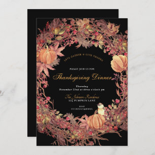 Dark Black Rustic Wreath Thanksgiving Dinner Invitation