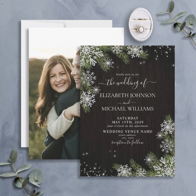 Dark Black Silver Winter Greenery Photo Wedding Invitation (Creator Uploaded)