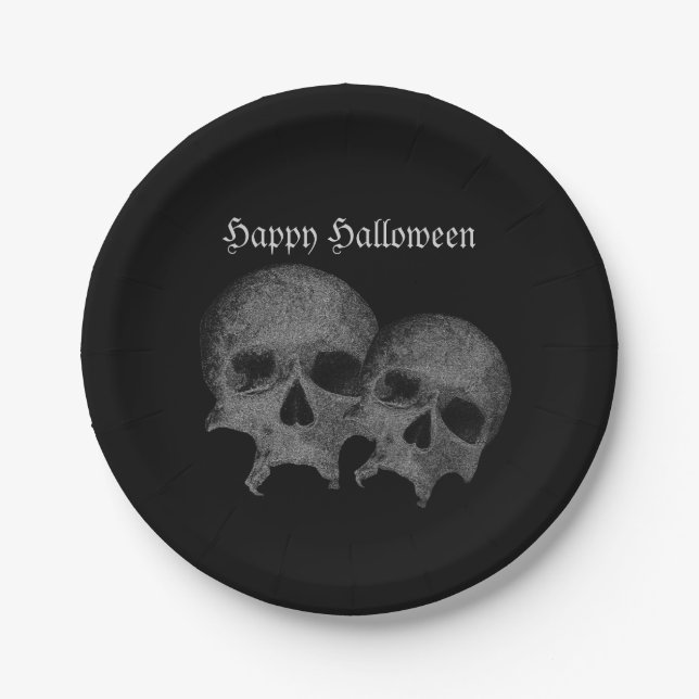 Dark Black Skull Happy Halloween Party Decor Paper Plate (Front)