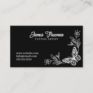 Dark Black & White Butterfly Flower Tattoo Artist Business Card