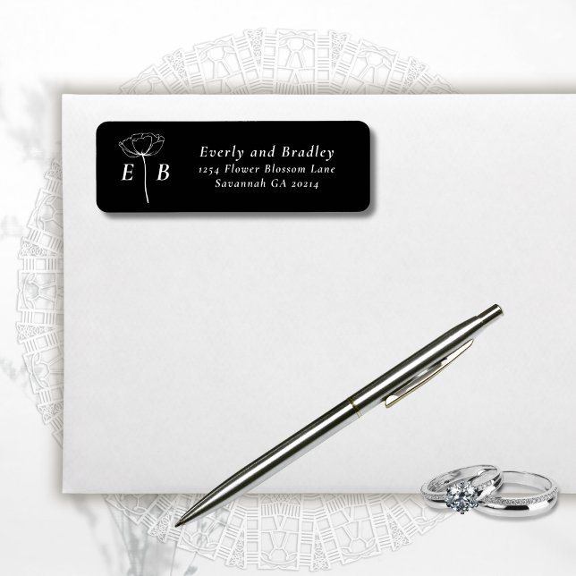 Dark Black White Monogram Floral Accent Address (Creator Uploaded)