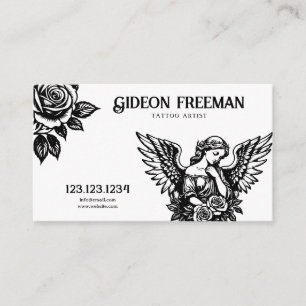 Dark Black & White Roses Angel Tattoo Artist Business Card