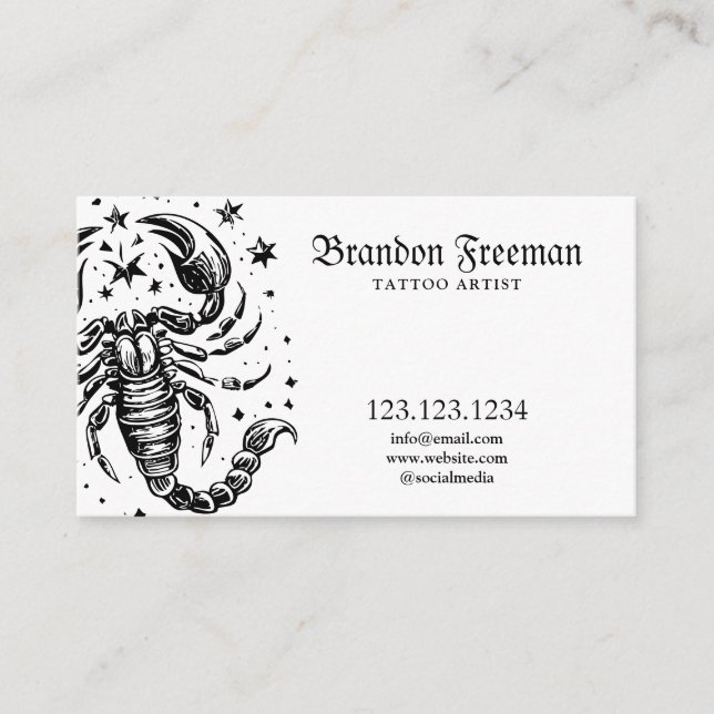 Dark Black & White Scorpion Tattoo Studio Business Card (Front)