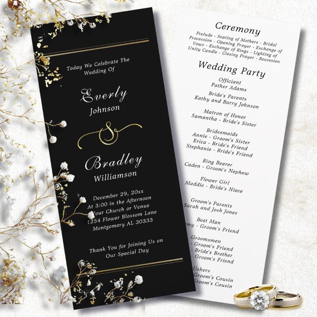 Dark Black White Script Elegant Minimal Wedding  Programme (Creator Uploaded)