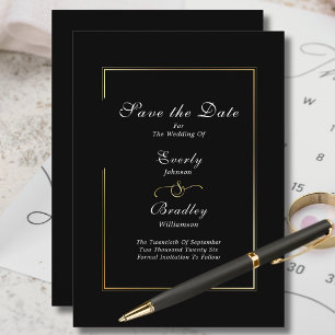 Dark Black White Script Gold Border Save the Date Invitation