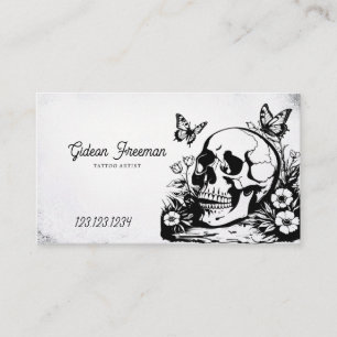 Dark Black & White Skull Butterflies Tattoo Artist Business Card