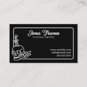 Dark Black & White Skull Knife Tattoo Artist Business Card