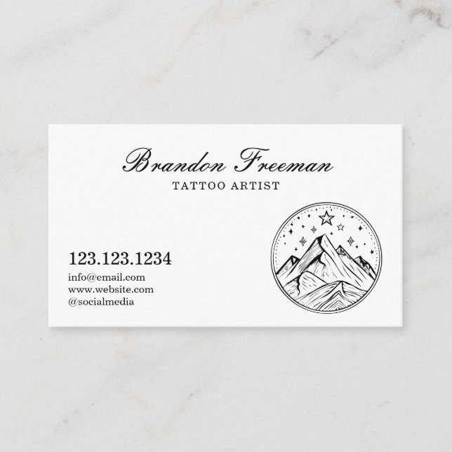 Dark Black & White Stars Mountain Tattoo Artist Business Card (Front)