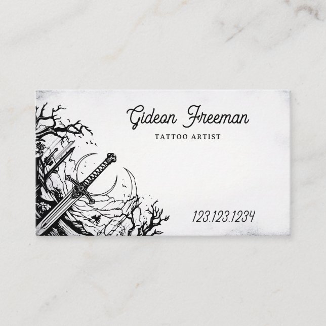 Dark Black & White Sword Tattoo Artist Business Card (Front)