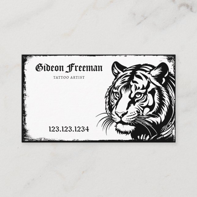 Dark Black & White Tiger Tattoo Artist Business Card (Front)