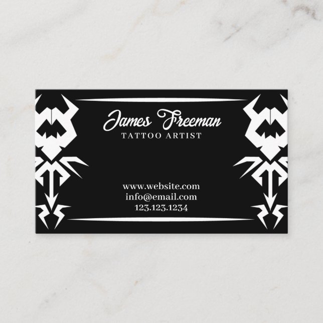Dark Black & White Tribal Tattooist Tattoo Artist Business Card (Front)