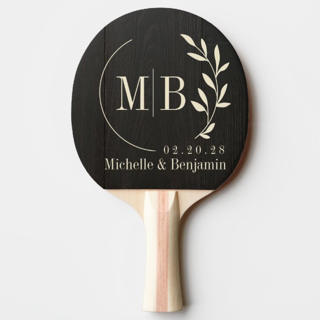 Dark Black Wood  Leaf Wedding Monogram Ping Pong Paddle (Back)