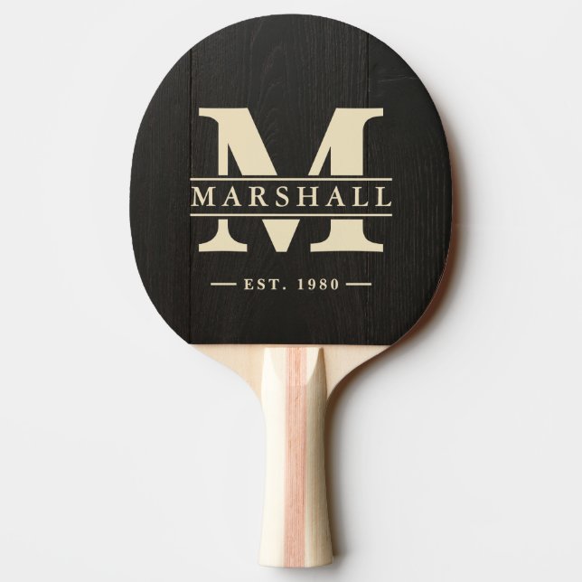Dark Black Wood Monogram & Name Overlay Ping Pong Paddle (Back)