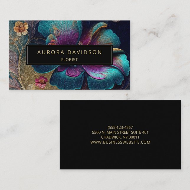 Dark Bloom Watercolor Teal Purple Floral Business Card (Front/Back)
