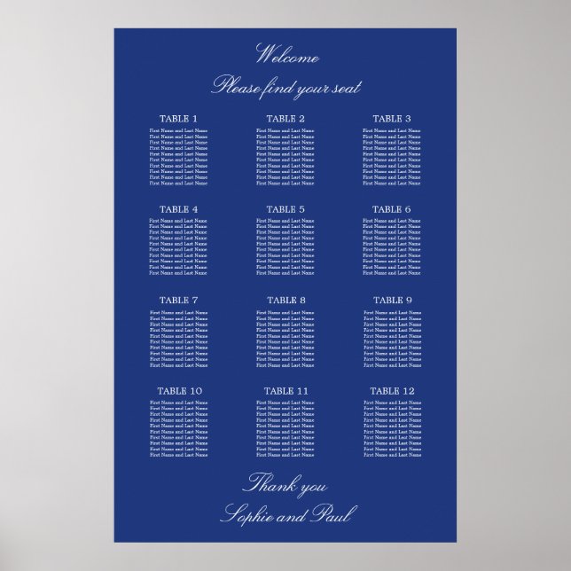 Dark Blue 12 Table Wedding Seating Chart Poster (Front)