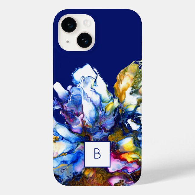 Dark Blue Abstract Fluid Art Monogrammed Case-Mate iPhone Case (Back)