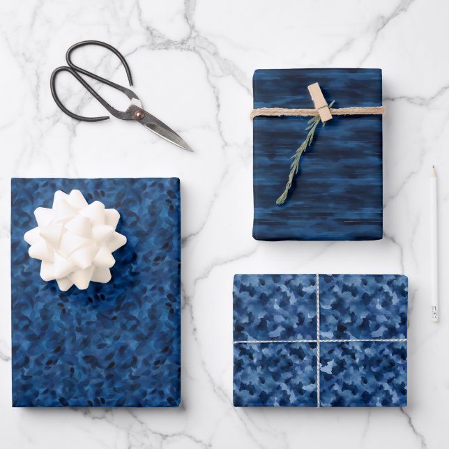 Dark Blue Abstract Trio Wrapping Paper Sheet (Front)