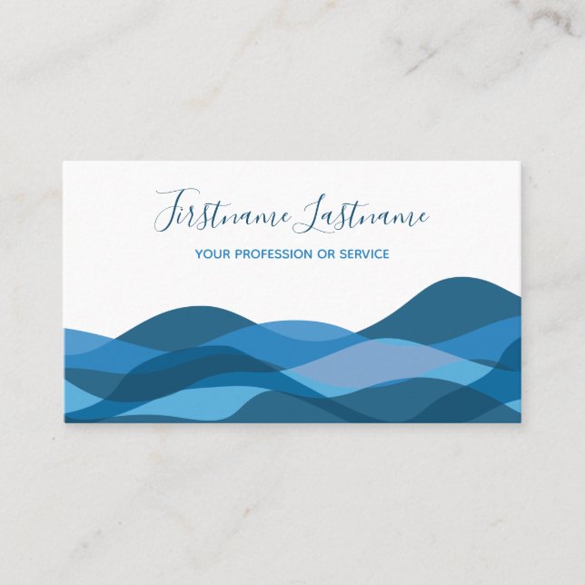 Dark blue abstract waves calligraphy business card (Front)