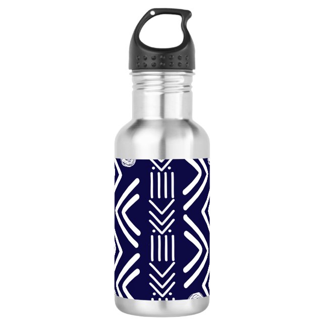 Dark Blue African Bogolan Designer Water Bottle (Front)