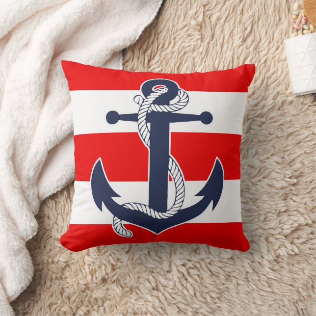 Dark Blue Anchor Chic Nautical Red Stripes Pattern Cushion (Blanket)